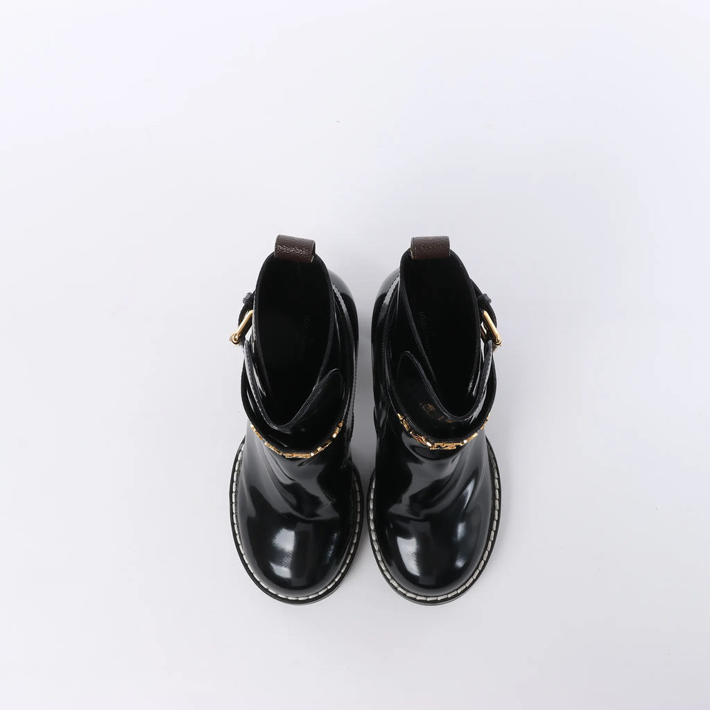 Louis Vuitton Star Trail Line 21 years Monogram Patent Leather Ankle Boots in Black MA0231, Size 38 EU