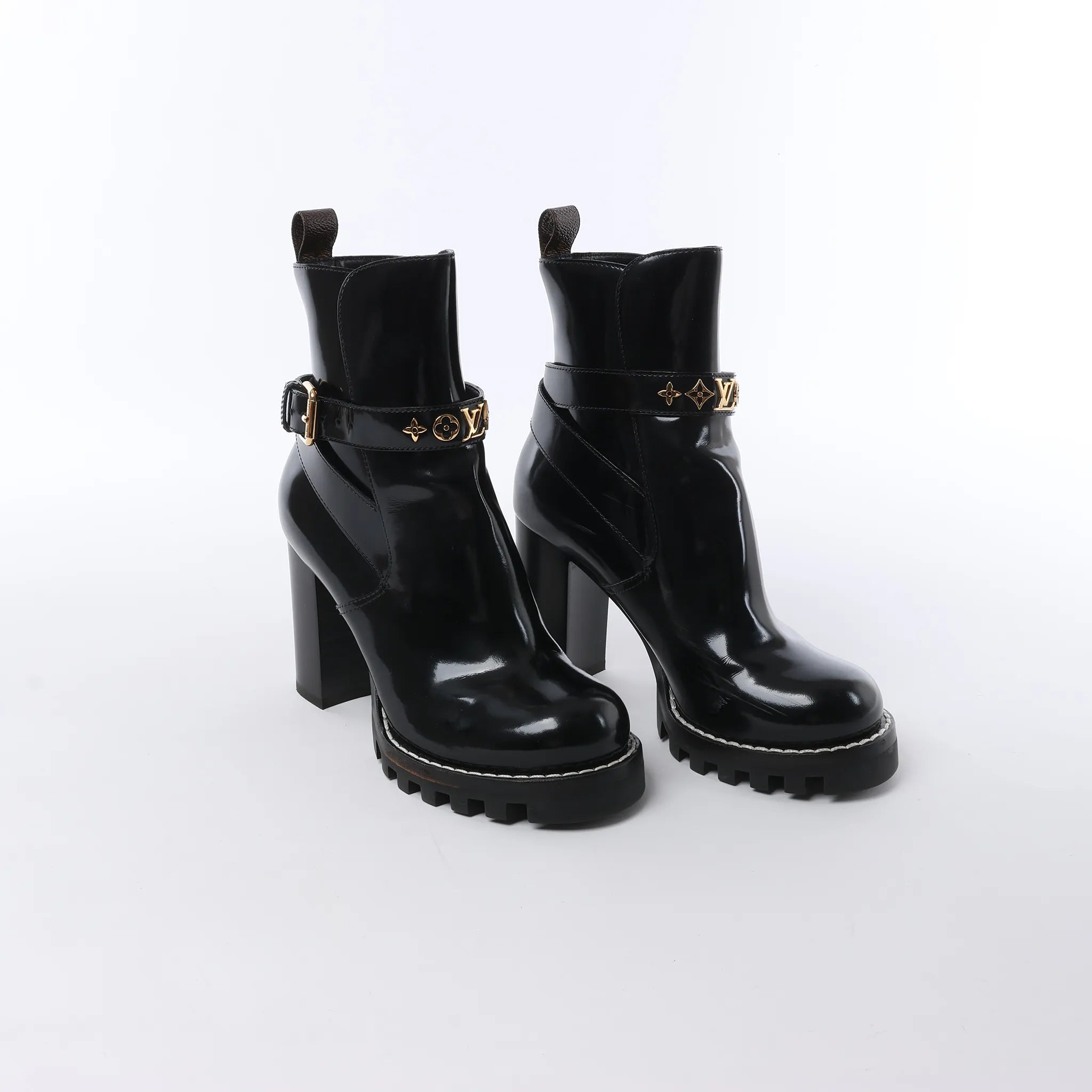 Louis Vuitton Star Trail Line 21 years Monogram Patent Leather Ankle Boots in Black MA0231, Size 38 EU