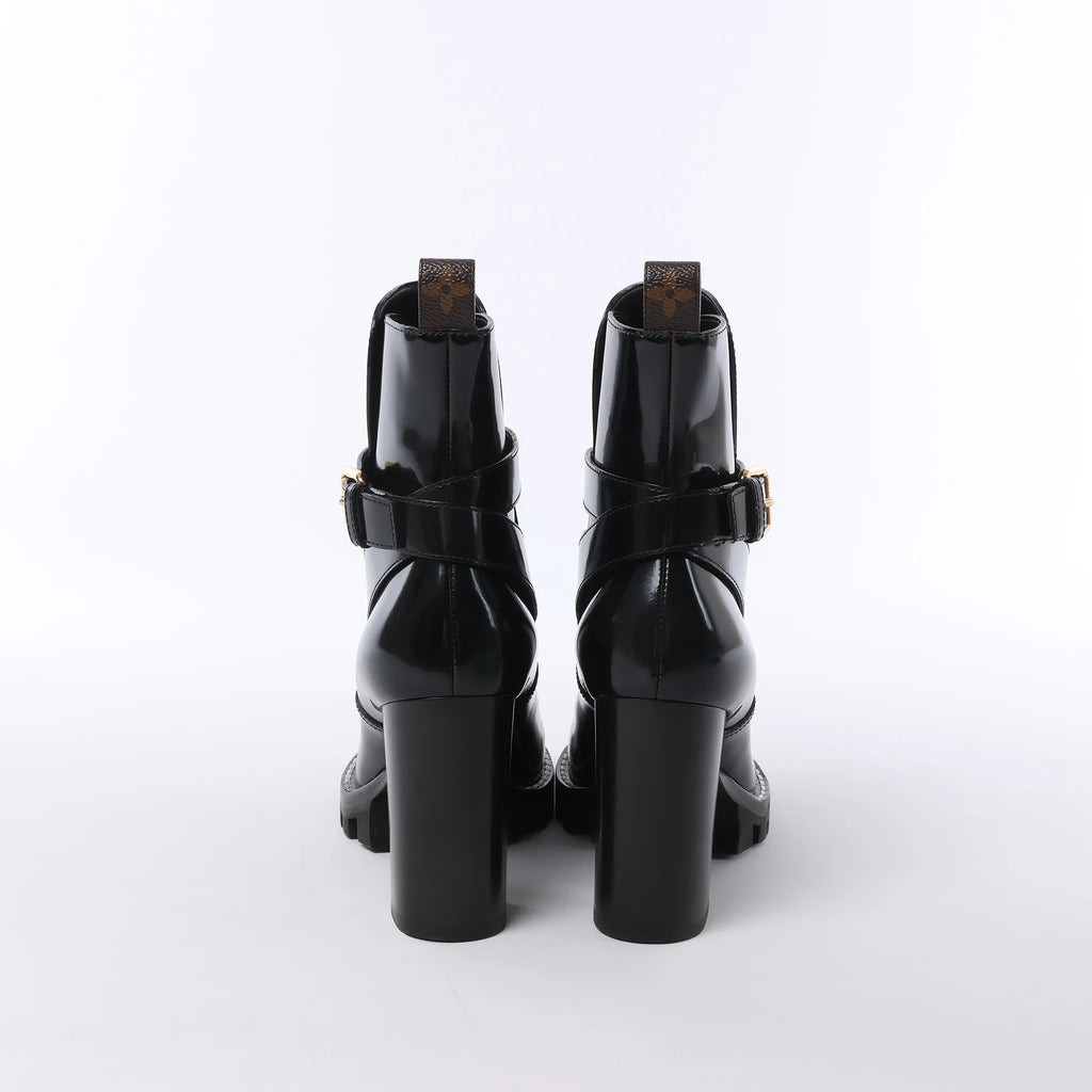 Louis Vuitton Star Trail Line 21 years Monogram Patent Leather Ankle Boots in Black MA0231, Size 38 EU