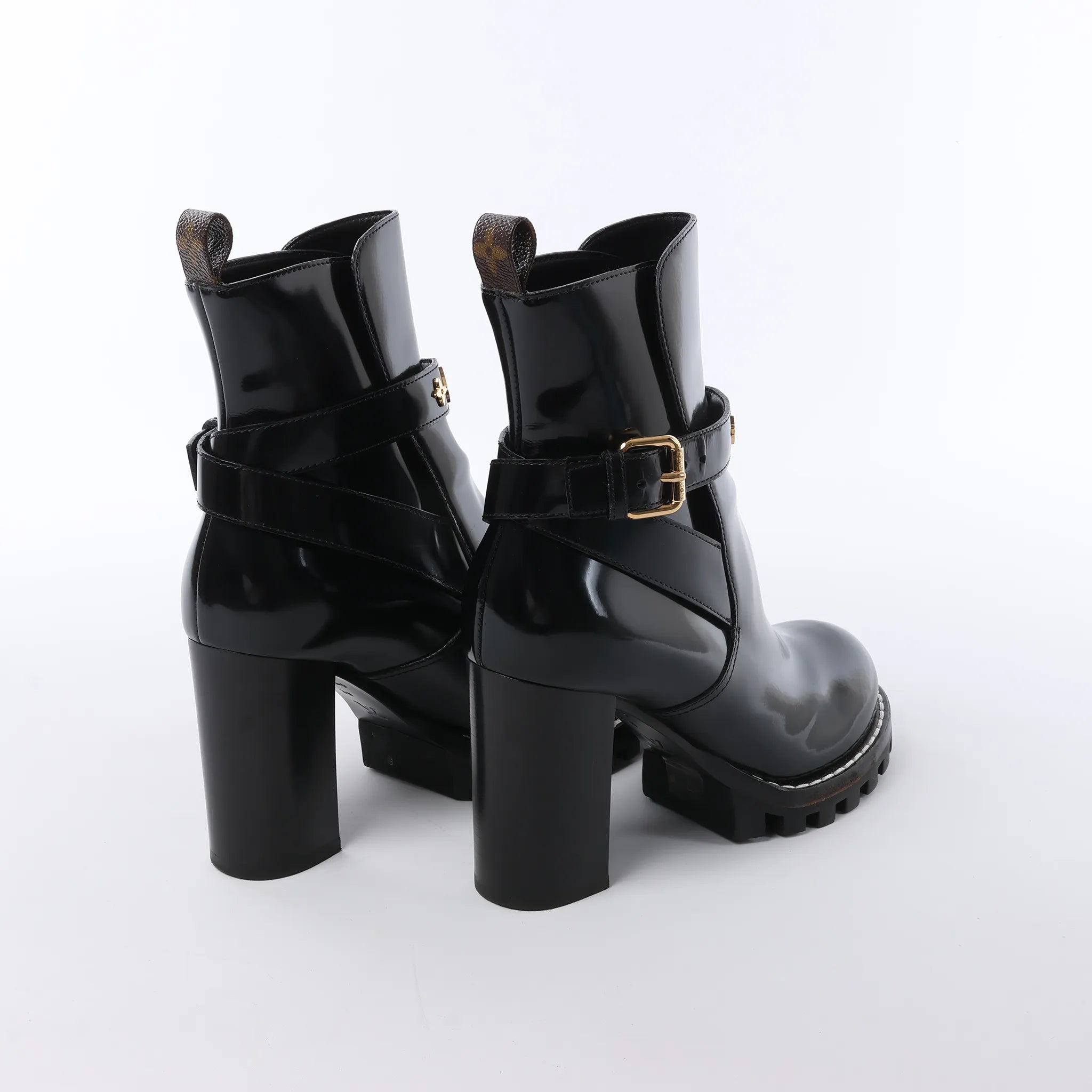 Louis Vuitton Star Trail Line 21 years Monogram Patent Leather Ankle Boots in Black MA0231, Size 38 EU
