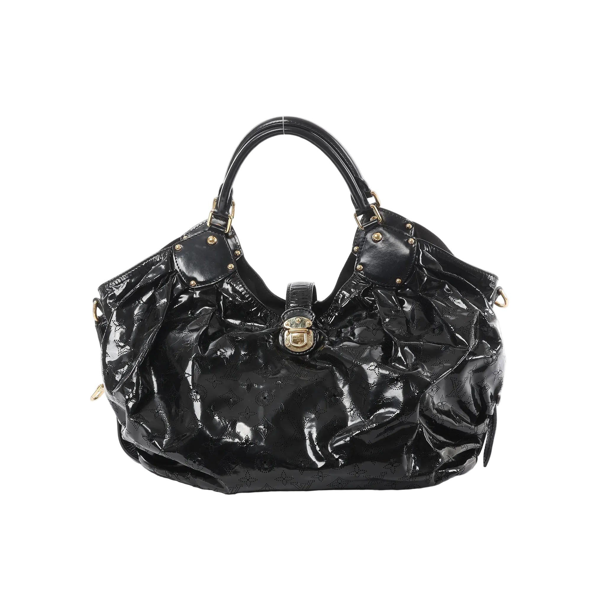 Front view of Louis Vuitton Surya XL bag in black patent Mahina leather with perforated Monogram pattern, ruched body, dual top handles with stud accents, and gold-tone clasp closure.