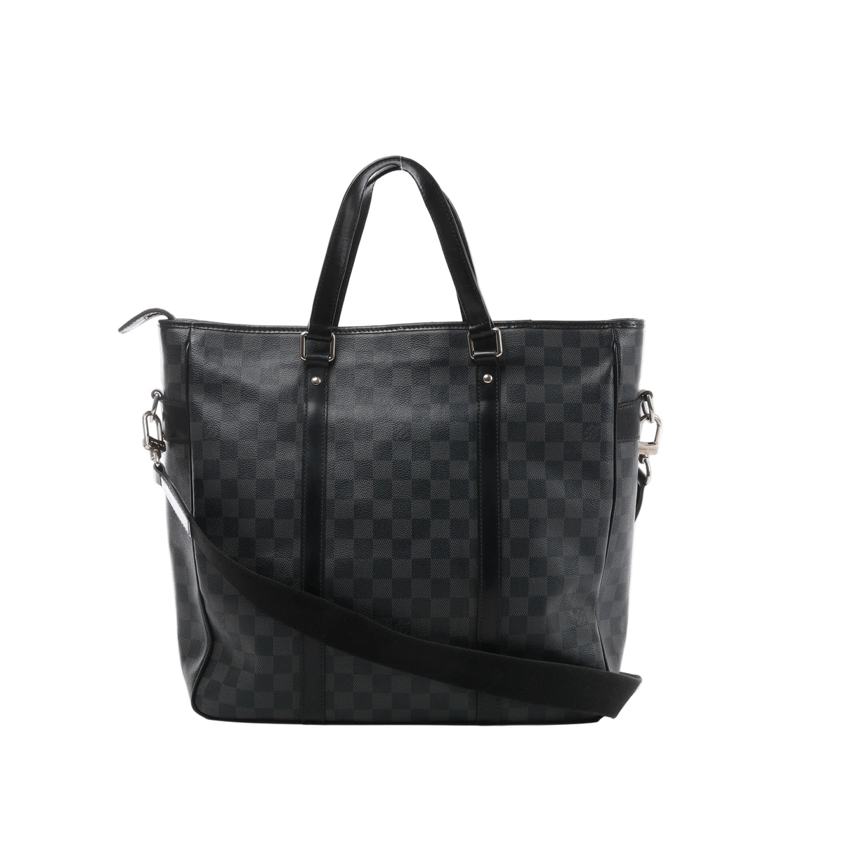 A black and grey Louis Vuitton Tadao 2Way tote bag in Damier Graphite canvas, featuring black leather top handles, side strap attachments, and silver-tone hardware.
