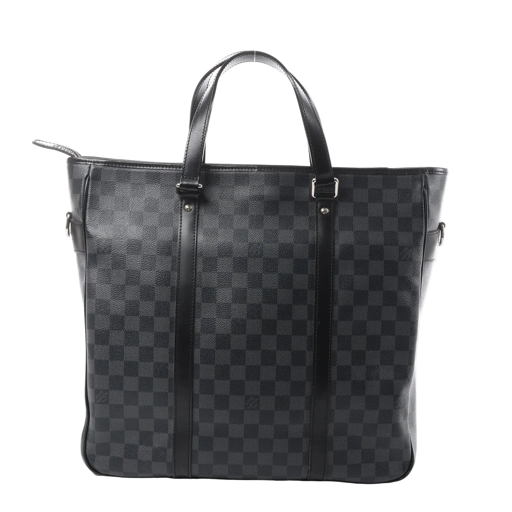 Louis Vuitton Tadao PM tote in black Damier Graphite check canvas with black leather top handles and vertical leather trim on white background
