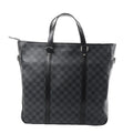Louis Vuitton Tadao PM tote in black Damier Graphite check canvas with black leather top handles and vertical leather trim on white background