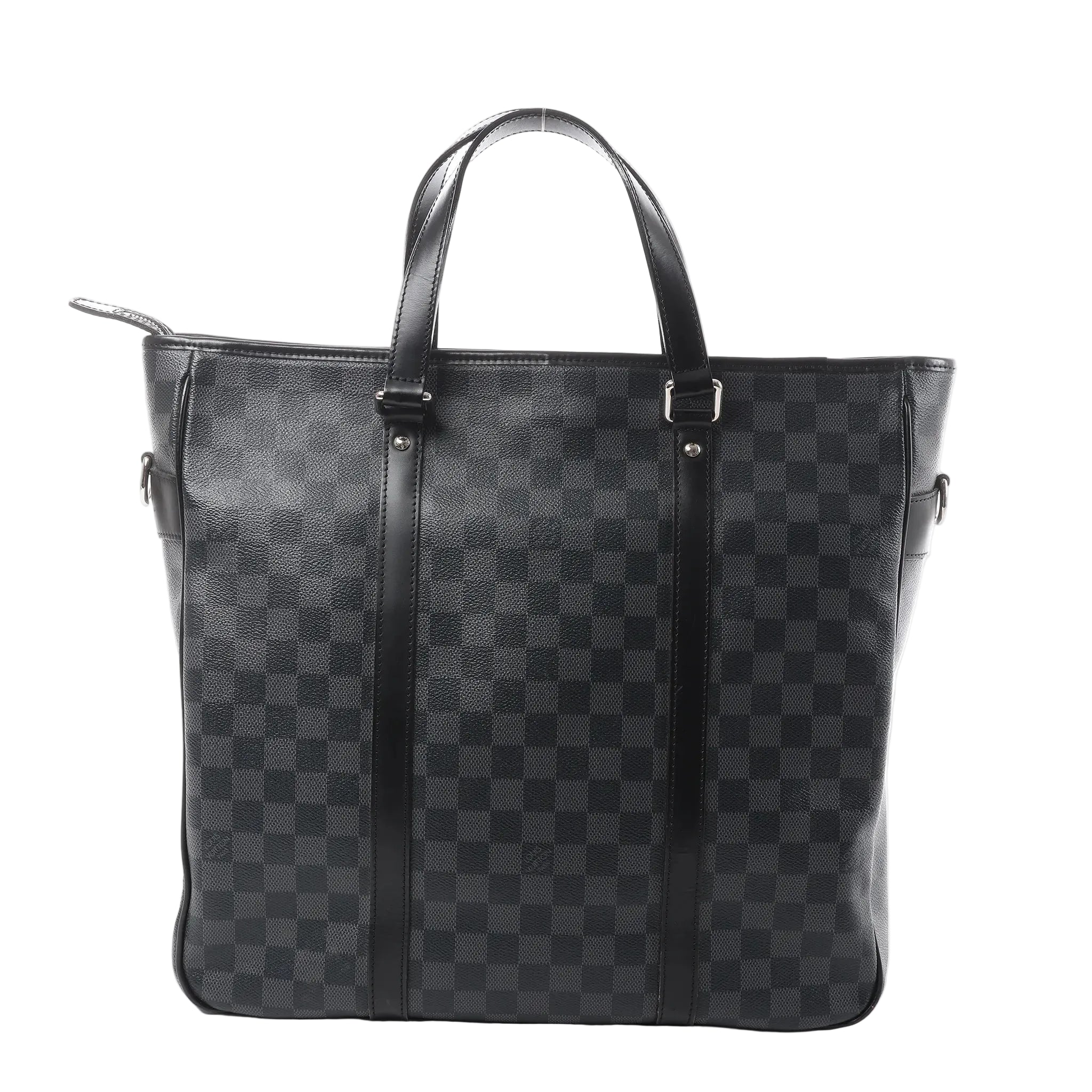 Louis Vuitton Tadao PM tote in black Damier Graphite check canvas with black leather top handles and vertical leather trim on white background