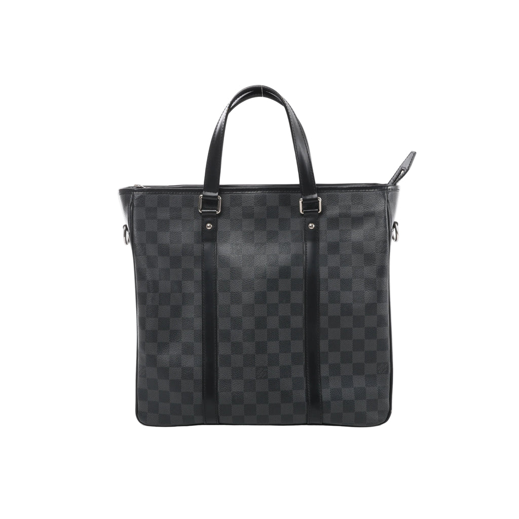 Louis Vuitton Tadao PM tote in black and grey Damier Graphite canvas with two black leather handles, vertical leather trim and silver-tone hardware.