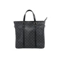 Louis Vuitton Tadao PM tote in black and grey Damier Graphite canvas with two black leather handles, vertical leather trim and silver-tone hardware.