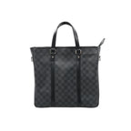 Louis Vuitton Tadao PM tote in black and grey Damier Graphite canvas with two black leather handles, vertical leather trim and silver-tone hardware.