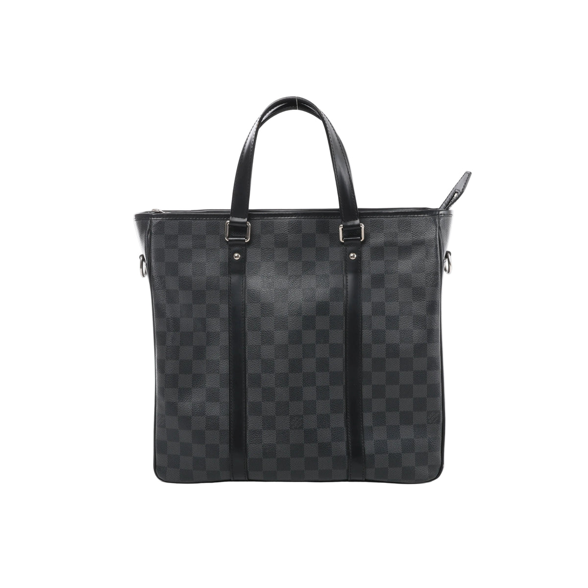 Louis Vuitton Tadao PM tote in black and grey Damier Graphite canvas with two black leather handles, vertical leather trim and silver-tone hardware.