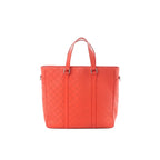 Louis Vuitton Tadao PM red Damier Infini leather tote with top handles and tonal checker pattern, front view on white background.