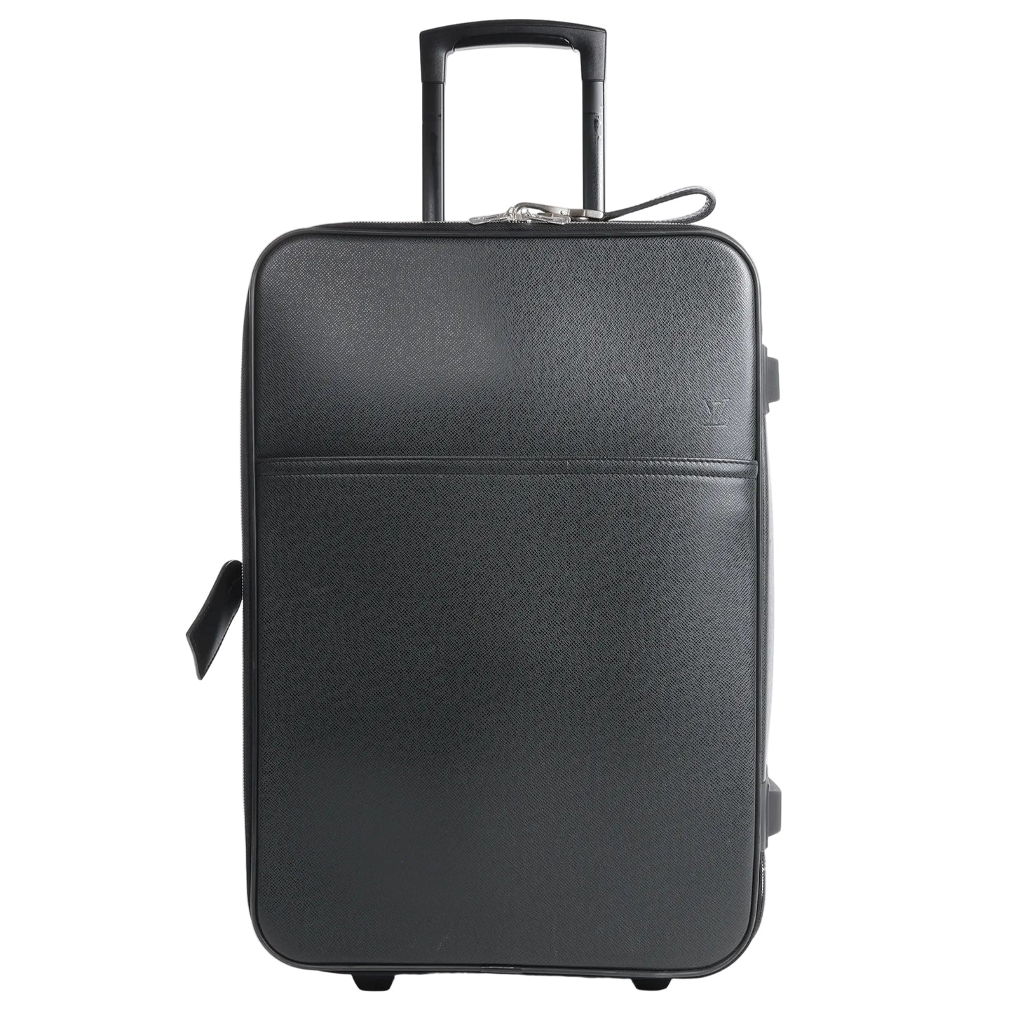 Louis Vuitton Pegase 55 Taiga Suitcase Travel Bag in black textured Taiga leather, featuring a structured rectangular shape, top handle, telescopic pull handle, exterior slip pocket, and smooth-rolling wheels for easy mobility.