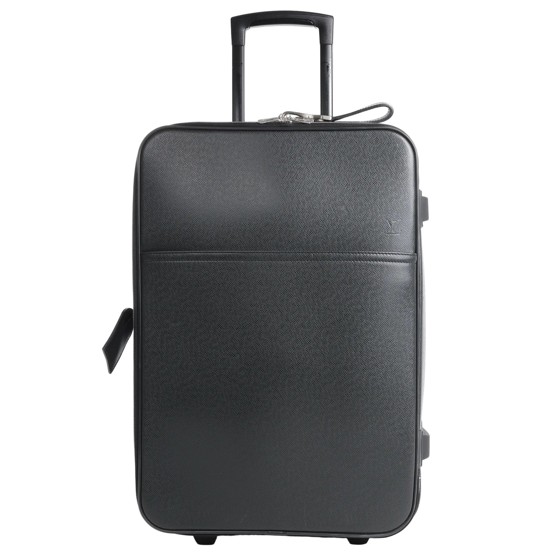 Louis Vuitton Pegase 55 Taiga Suitcase Travel Bag in black textured Taiga leather, featuring a structured rectangular shape, top handle, telescopic pull handle, exterior slip pocket, and smooth-rolling wheels for easy mobility.