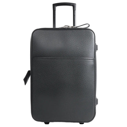 Louis Vuitton Pegase 55 Taiga Suitcase Travel Bag in black textured Taiga leather, featuring a structured rectangular shape, top handle, telescopic pull handle, exterior slip pocket, and smooth-rolling wheels for easy mobility.