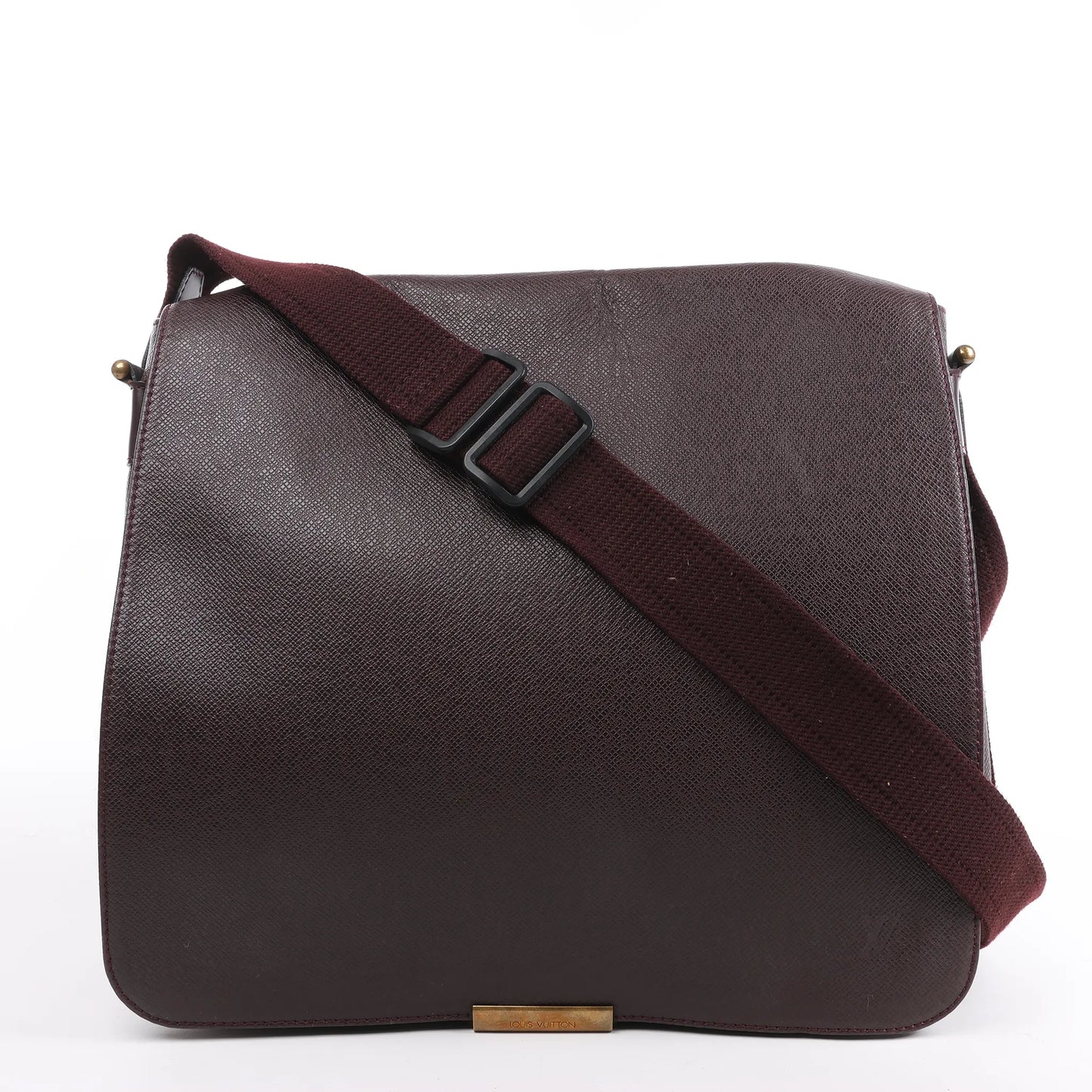 Louis Vuitton Taiga Viktor Shoulder Bag M30146 in burgundy textured leather with a matching adjustable canvas strap and gold-tone logo plate, displayed upright against a white background.