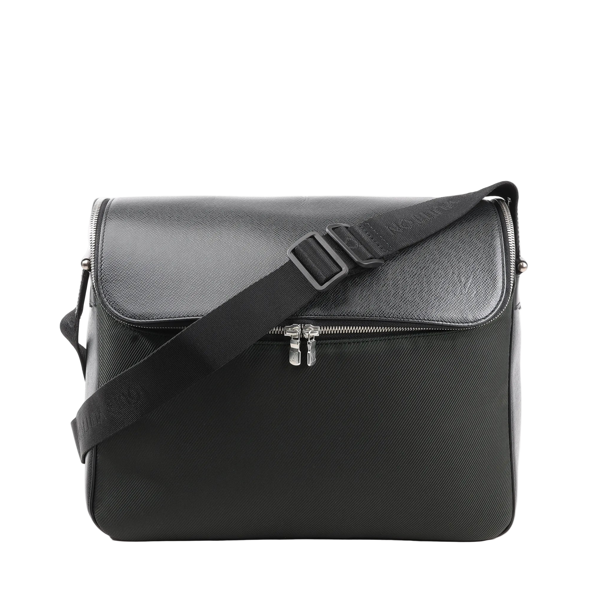 Louis Vuitton Taimyr Messenger Crossbody Bag M30862 in black Taiga leather, featuring a structured rectangular shape, front zip compartment, flap closure, and adjustable black fabric shoulder strap with subtle embossed branding, displayed against a white background.
