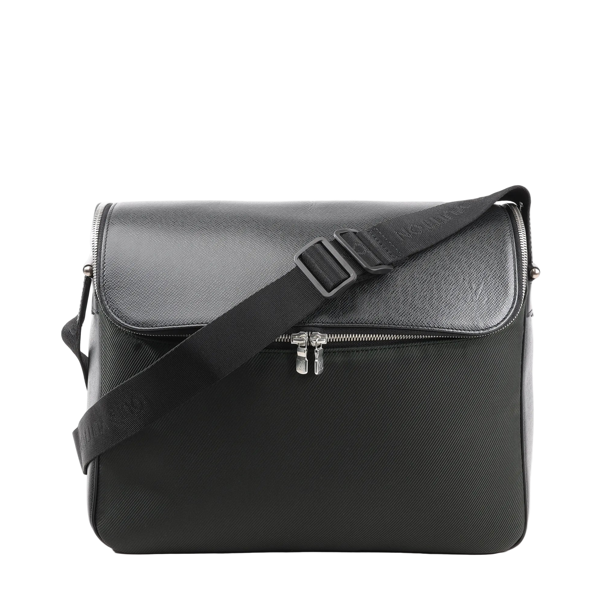 Louis Vuitton Taimyr Messenger Crossbody Bag M30862 in black Taiga leather, featuring a structured rectangular shape, front zip compartment, flap closure, and adjustable black fabric shoulder strap with subtle embossed branding, displayed against a white background.