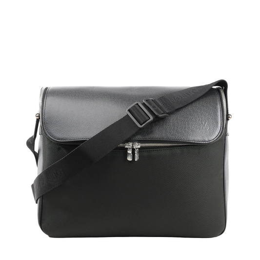 Louis Vuitton Taimyr Messenger Crossbody Bag M30862 in black Taiga leather, featuring a structured rectangular shape, front zip compartment, flap closure, and adjustable black fabric shoulder strap with subtle embossed branding, displayed against a white background.