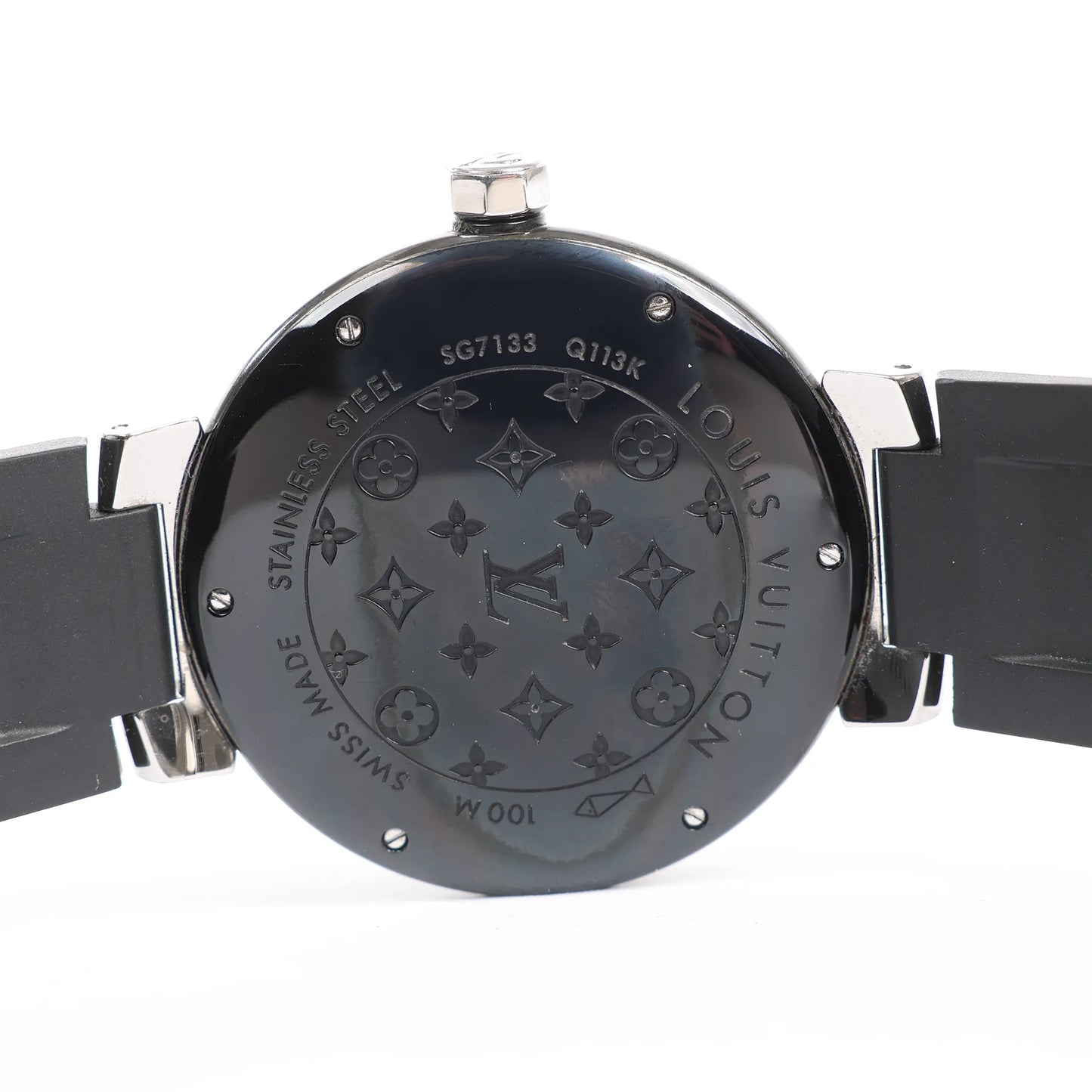Louis Vuitton Tambour Q113K SG7133 SS & Rubber AT Watch with Black Dial
