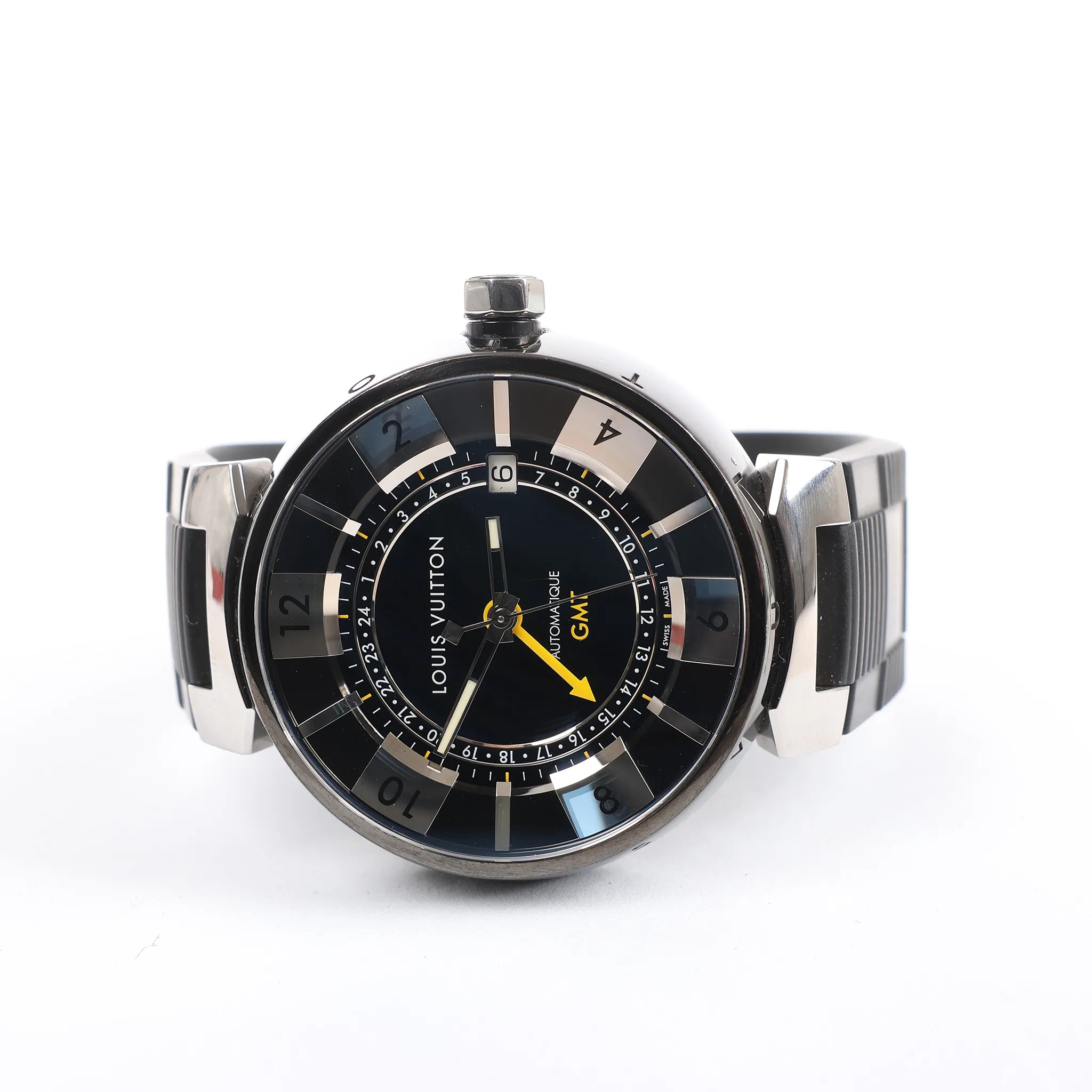 Louis Vuitton Tambour Q113K SG7133 SS & Rubber AT Watch with Black Dial