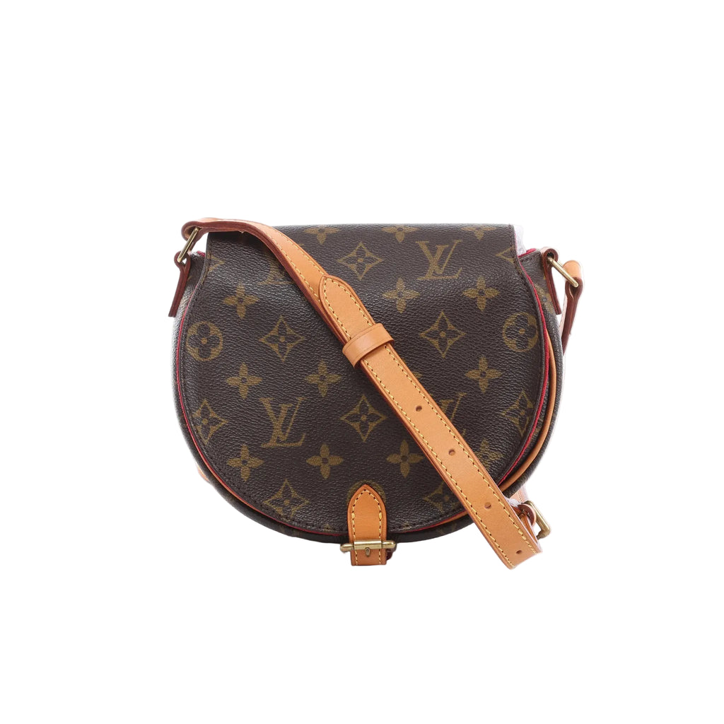 Louis Vuitton Tambourin crossbody bag in brown Monogram canvas with natural leather adjustable shoulder strap, gold-tone hardware and a rounded flap silhouette.