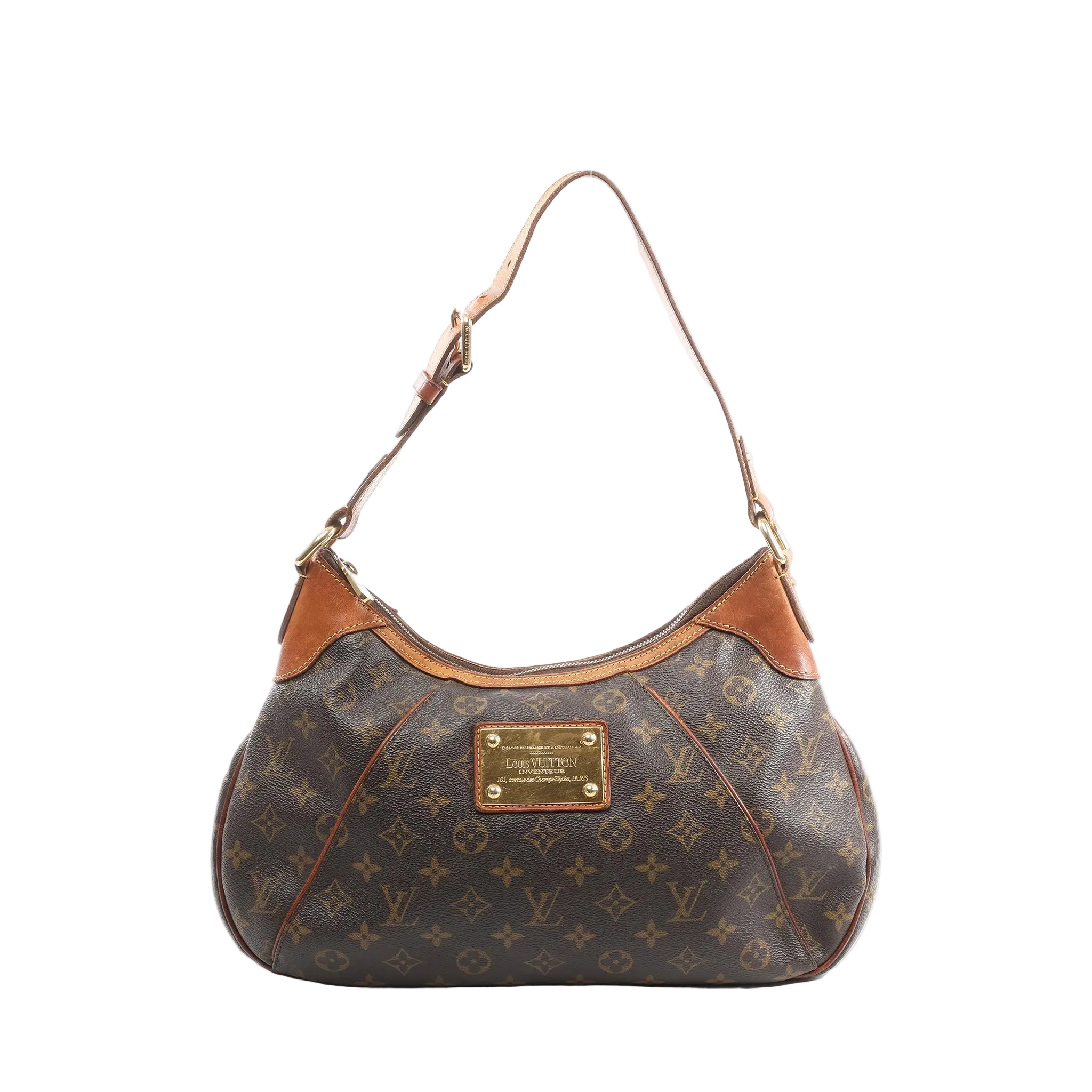 Louis Vuitton Thames GM shoulder bag in brown Monogram canvas with tan leather trim, adjustable shoulder strap, and gold-tone logo plaque, front view on white background.