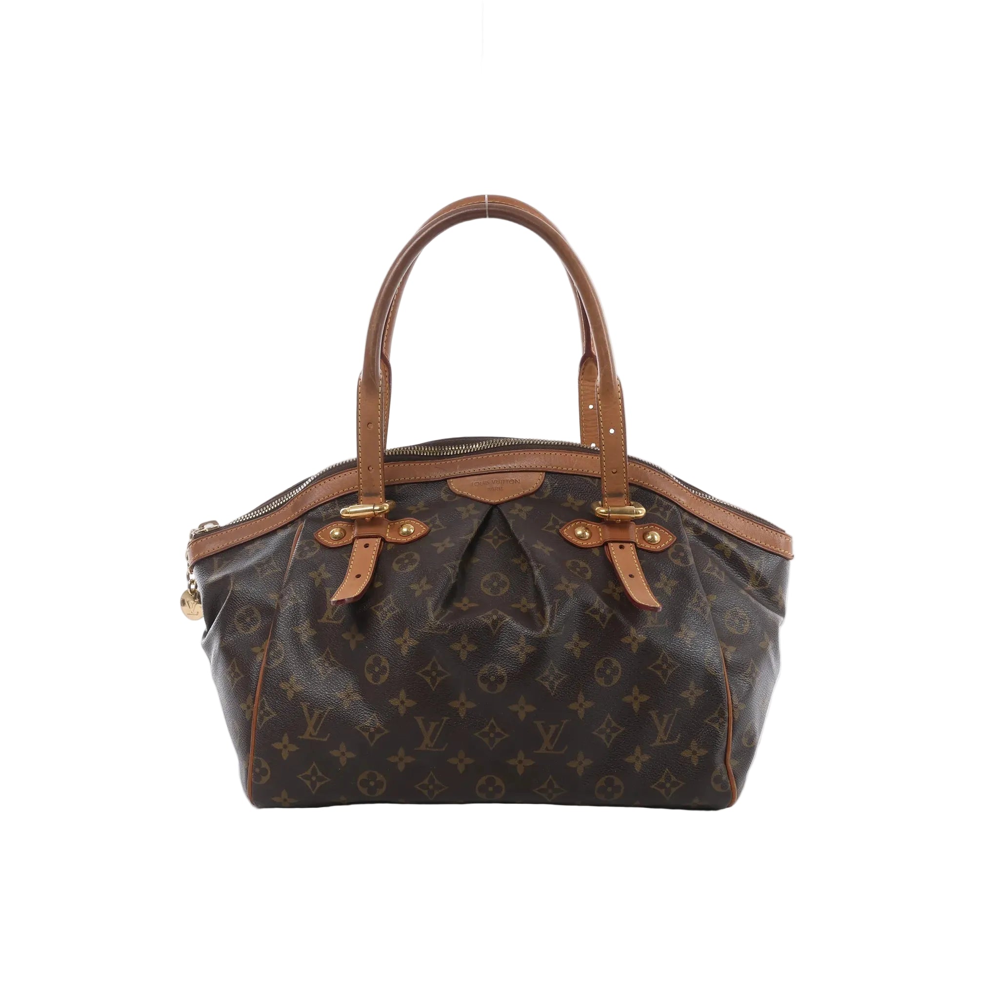 Louis Vuitton Tivoli GM handbag in brown Monogram canvas with natural leather adjustable shoulder handles, pleated front detail and zip-top closure.