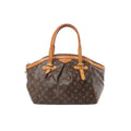 Louis Vuitton Tivoli GM handbag in brown Monogram canvas with tan leather trim, double top handles, and zip-top closure on white background