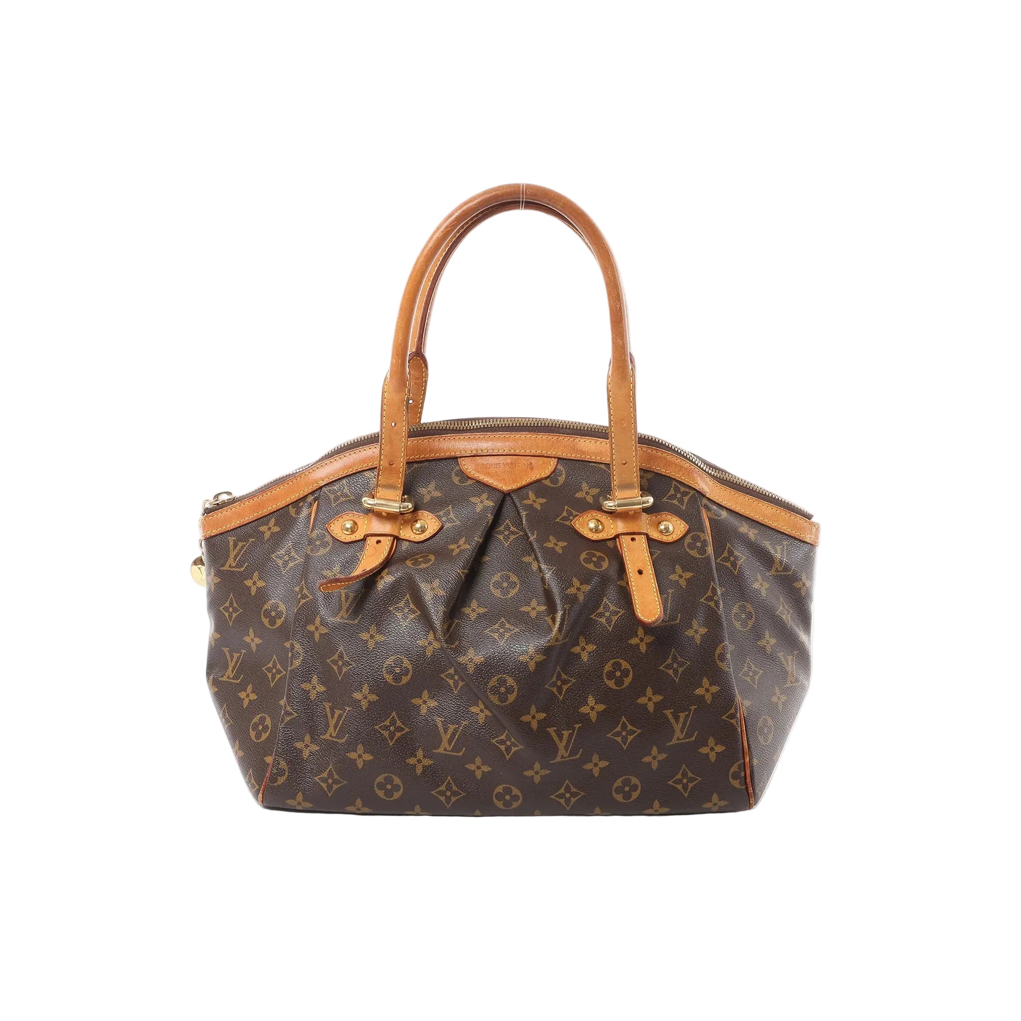 Louis Vuitton Tivoli GM handbag in brown Monogram canvas with tan leather trim, double top handles, and zip-top closure on white background