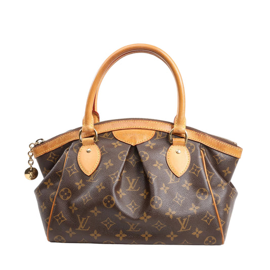 Louis Vuitton Monogram Canvas Tivoli PM Handbag M40143 featuring brown monogram canvas, natural leather handles and trim, pleated front design, gold-tone hardware, and an LV charm zipper pull, displayed upright against a white background.