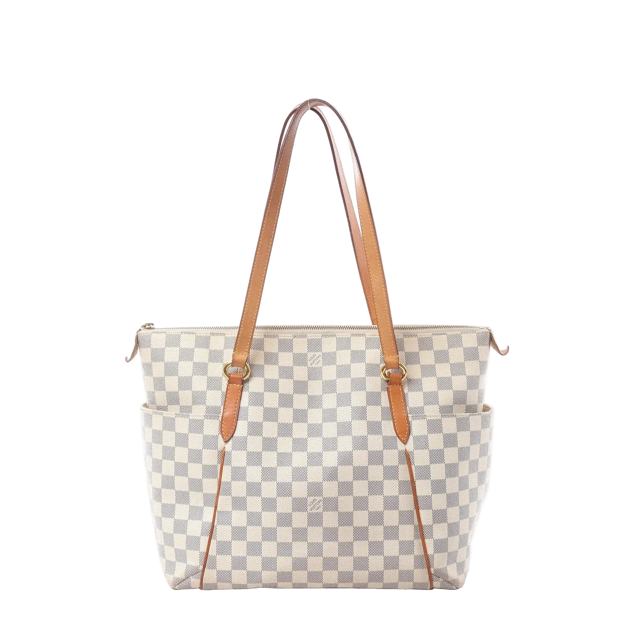 Louis Vuitton Totally MM shoulder bag in beige Damier Azur canvas with tan vachetta leather straps, gold-tone hardware, zip-top closure and side pockets on white background.
