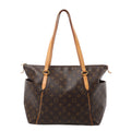 Front view of a brown Louis Vuitton Totally MM tote with Monogram canvas, tan leather shoulder straps and piping, open side pockets and gold-tone fittings.