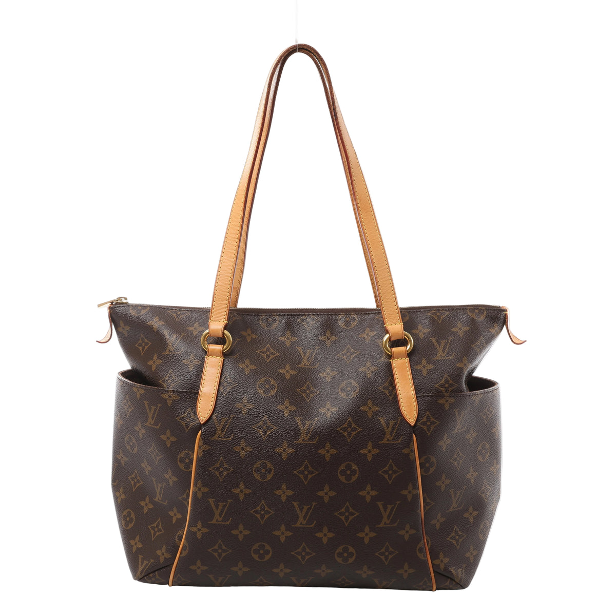 Front view of a brown Louis Vuitton Totally MM tote with Monogram canvas, tan leather shoulder straps and piping, open side pockets and gold-tone fittings.