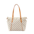 Louis Vuitton Totally PM Damier Azur tote in beige checkered canvas with long vachetta leather shoulder straps, top zip closure, and slim vertical leather trim details on the front, shown on a white background.