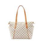 Louis Vuitton Totally PM Damier Azur tote in beige checkered canvas with long vachetta leather shoulder straps, top zip closure, and slim vertical leather trim details on the front, shown on a white background.
