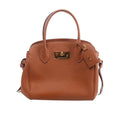 Brown Louis Vuitton Milla PM handbag in pebbled leather with dual top handles, gold-tone turn-lock hardware and hanging leather tag.