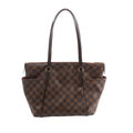 Brown Louis Vuitton Totally PM Damier Ebene shoulder bag with checkerboard canvas, long dark leather handles, top zip closure and side pockets.