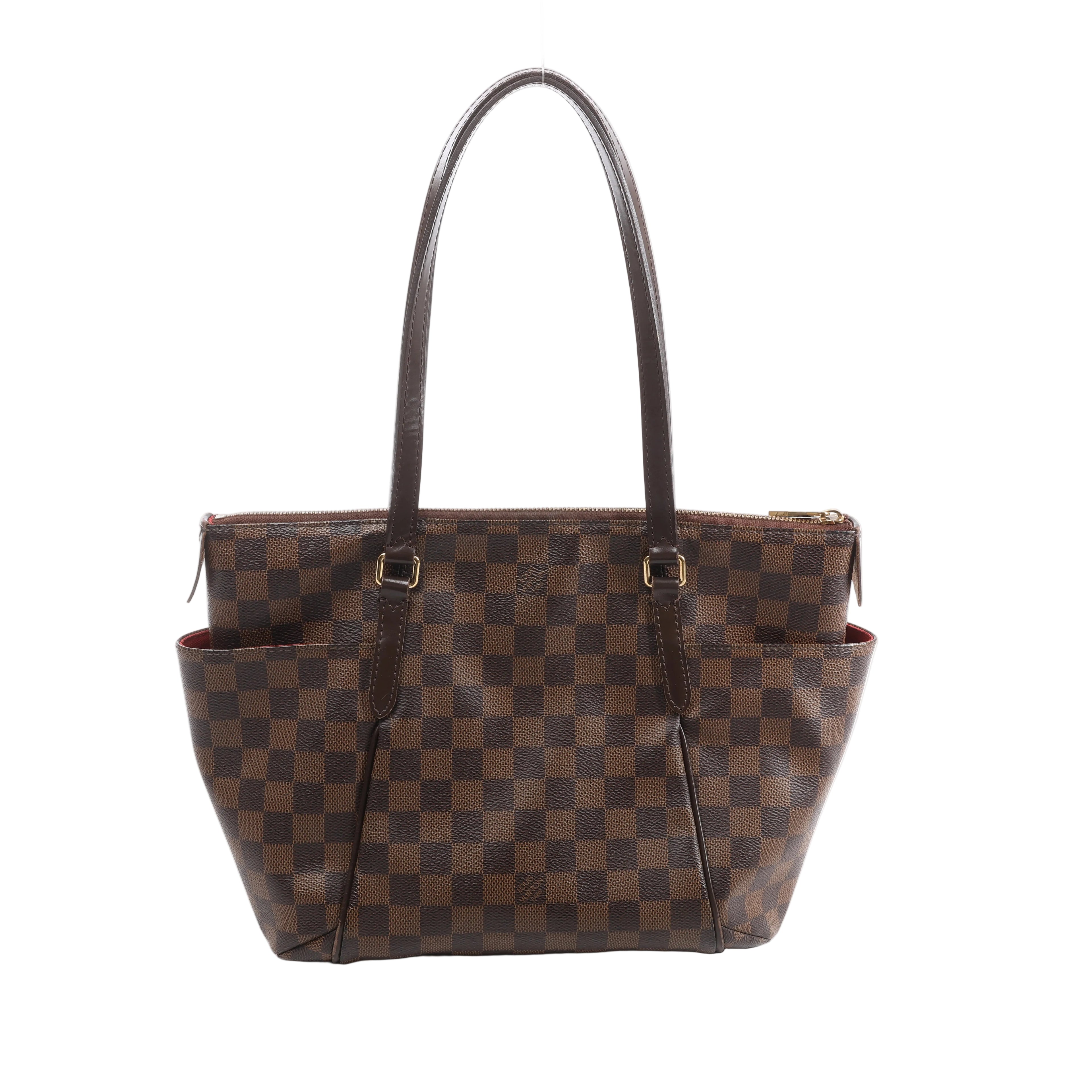 Brown Louis Vuitton Totally PM Damier Ebene shoulder bag with checkerboard canvas, long dark leather handles, top zip closure and side pockets.