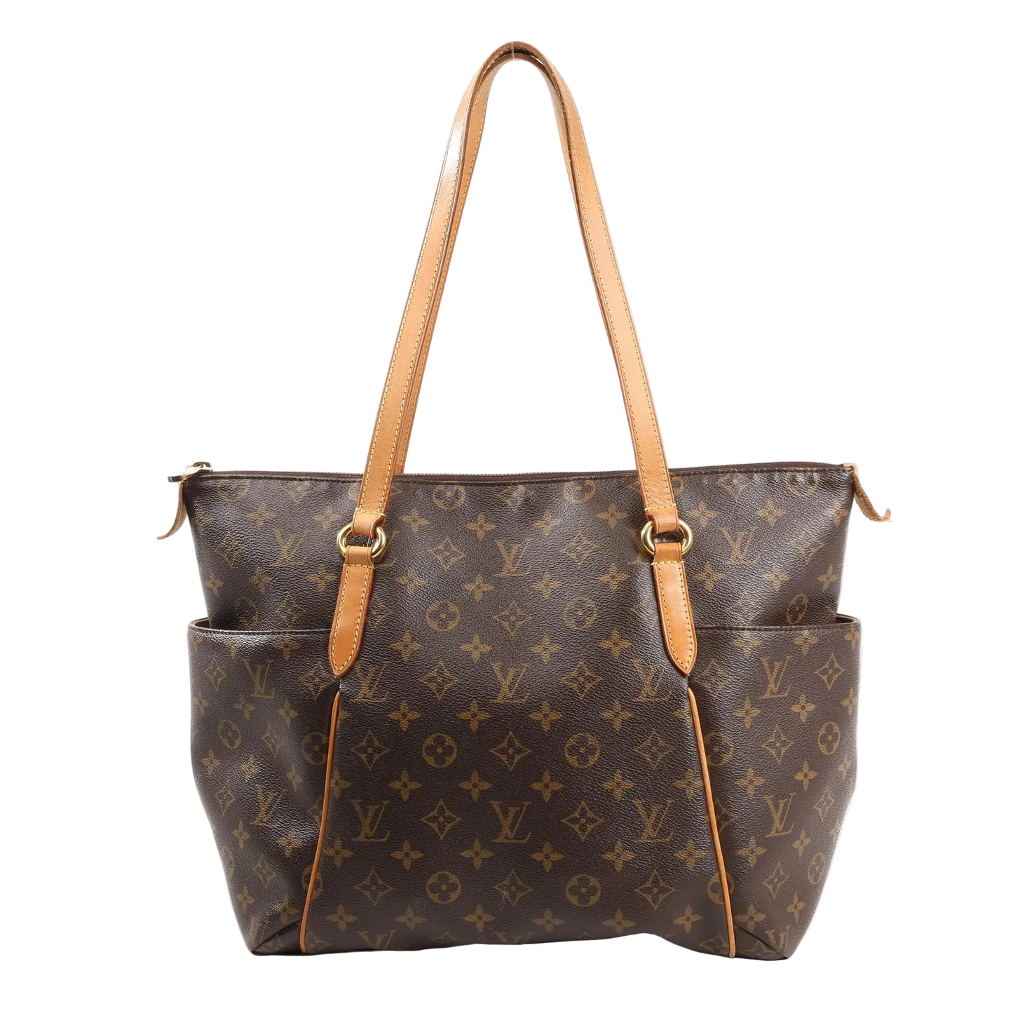 Louis Vuitton Totally PM shoulder bag M56688 in classic brown Monogram Canvas with natural leather straps and trim, two large side pockets, and top zip closure.