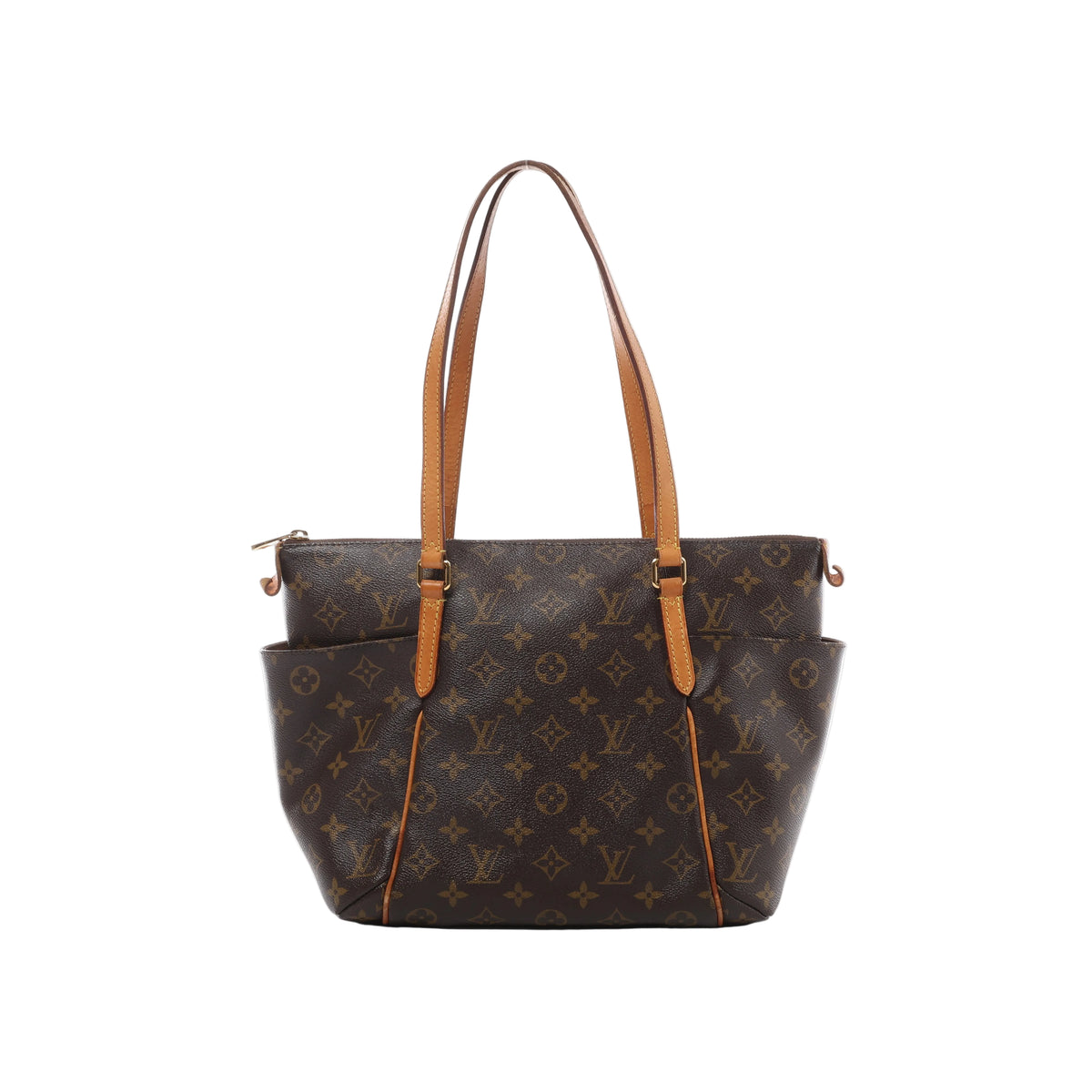 Brown Louis Vuitton Totally PM Monogram canvas shoulder bag with natural leather straps, gold-tone hardware and two exterior side pockets.