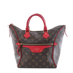 Louis Vuitton Tournelle PM handbag in brown Monogram canvas with red leather handles and trim, front zip pocket and gold-tone hardware on a white background.