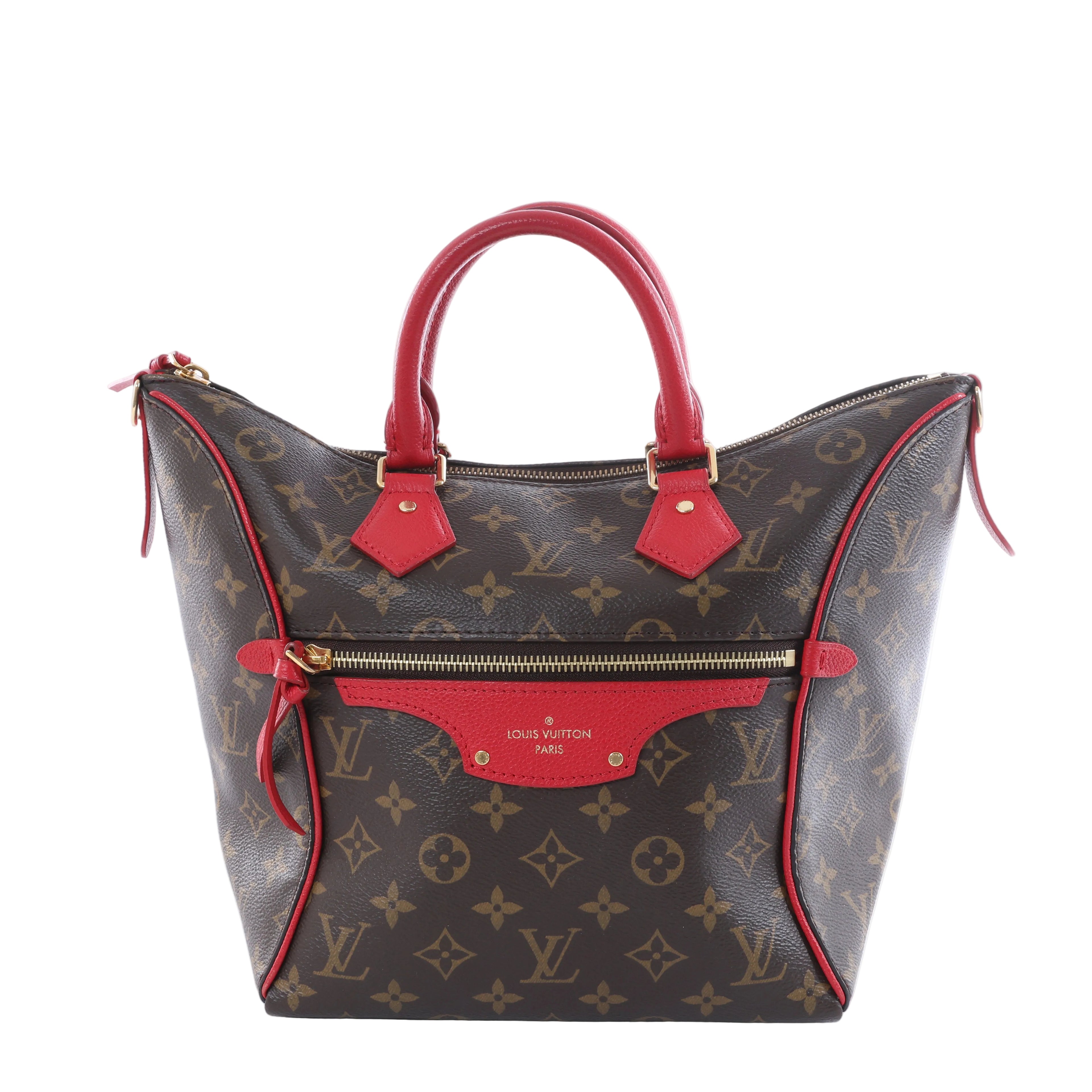 Louis Vuitton Tournelle PM handbag in brown Monogram canvas with red leather handles and trim, front zip pocket and gold-tone hardware on a white background.
