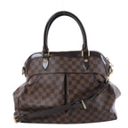 Louis Vuitton Trevi GM brown Damier Ebene handbag with dark brown leather top handles, gold-tone hardware, pleated front and shoulder strap.