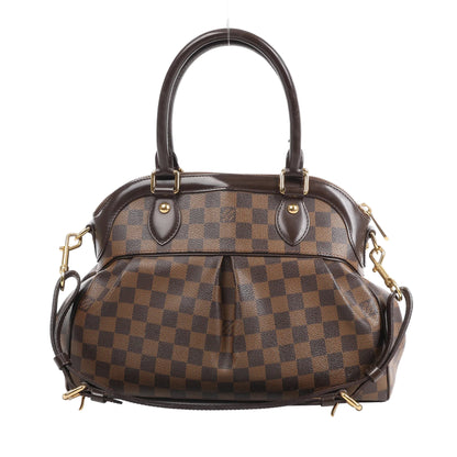 Louis Vuitton Trevi PM handbag N51997 in Damier Ebene brown checkered canvas with dark leather trim, dual rolled handles, detachable shoulder strap, gold-tone hardware, and pleated front design against a white background.