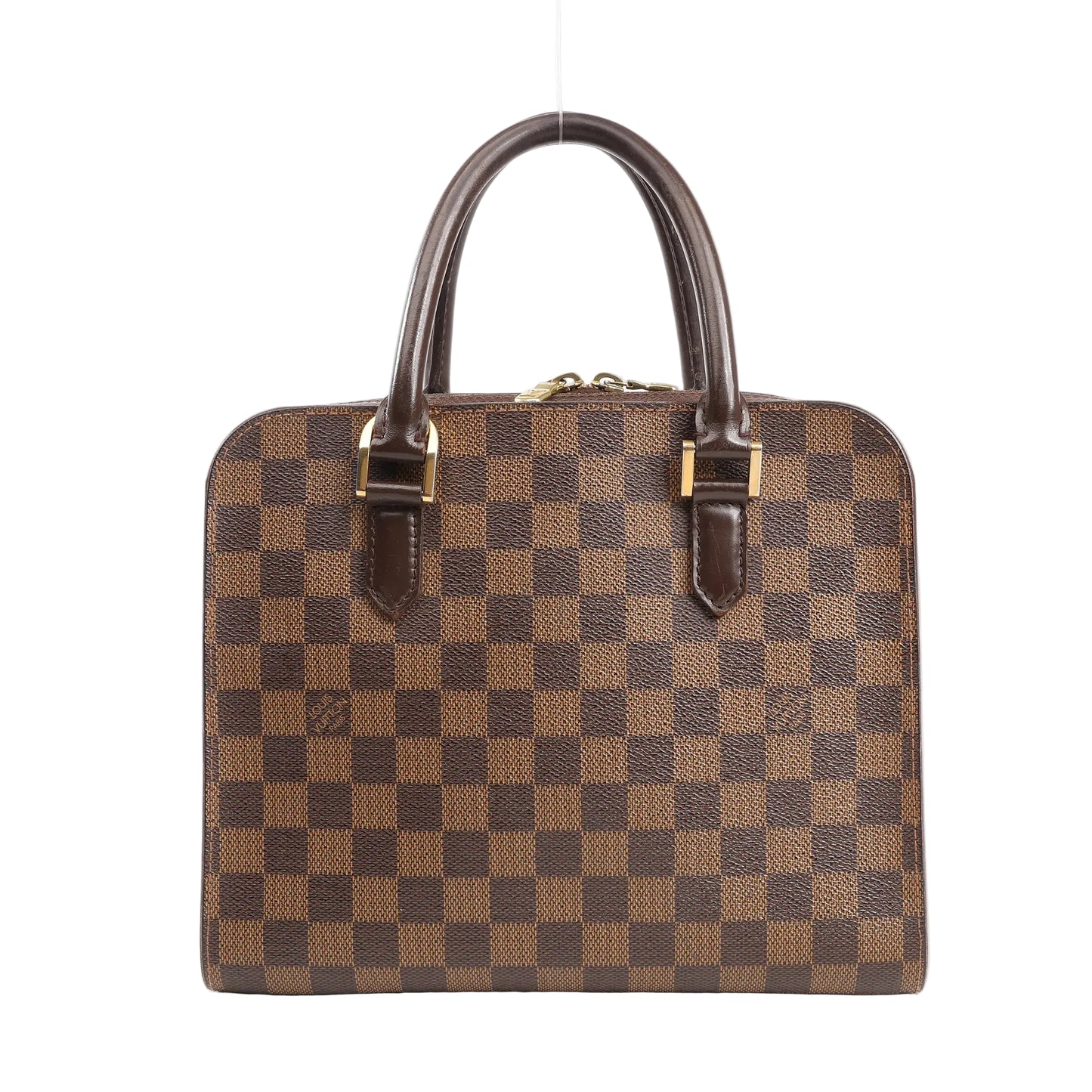 Louis Vuitton Triana handbag in brown Damier Ebene canvas with structured square silhouette, dual rolled leather handles, and gold-tone hardware, displayed on a white background.