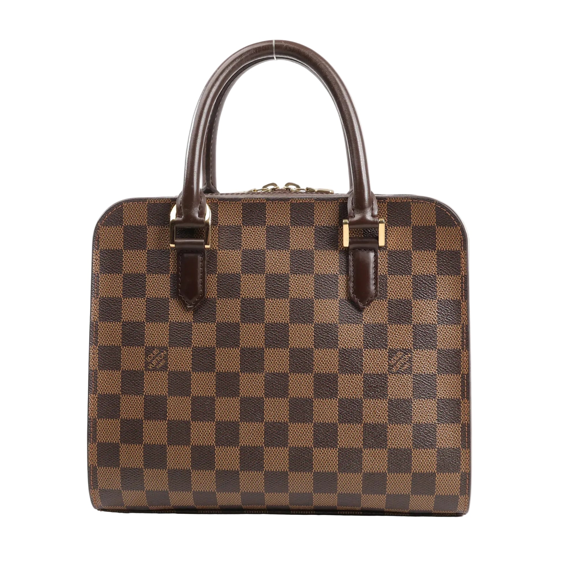 Louis Vuitton Triana handbag N51155 in brown Damier Ebene coated canvas, featuring a boxy silhouette, rolled leather top handles, gold-tone hardware, and checkered pattern with smooth leather trim.