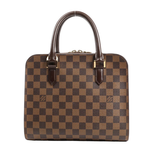 Louis Vuitton Triana handbag N51155 in brown Damier Ebene coated canvas, featuring a boxy silhouette, rolled leather top handles, gold-tone hardware, and checkered pattern with smooth leather trim.