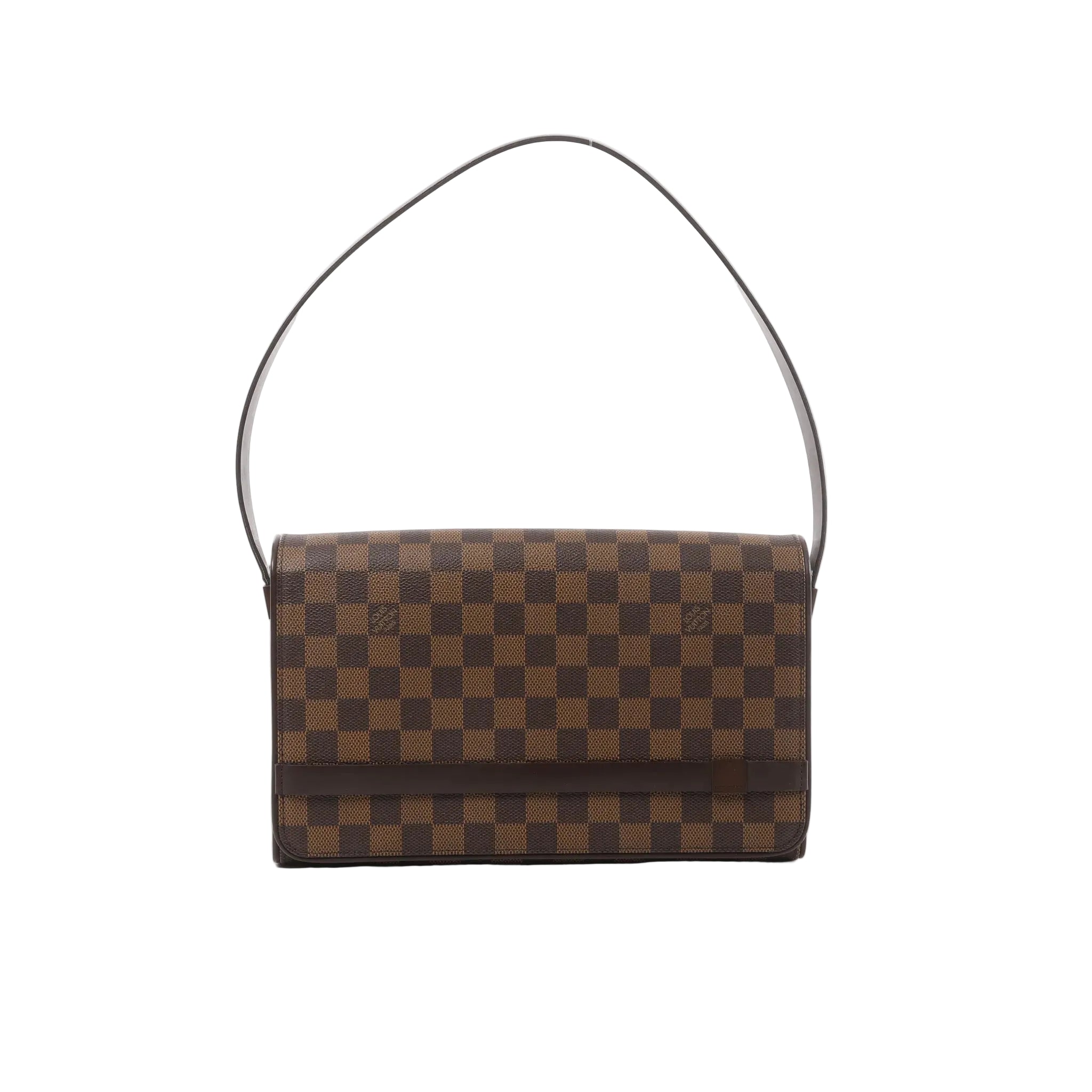 Louis Vuitton Tribeca Caron shoulder bag in brown Damier Ebene check canvas with flap front and slim dark leather shoulder strap.
