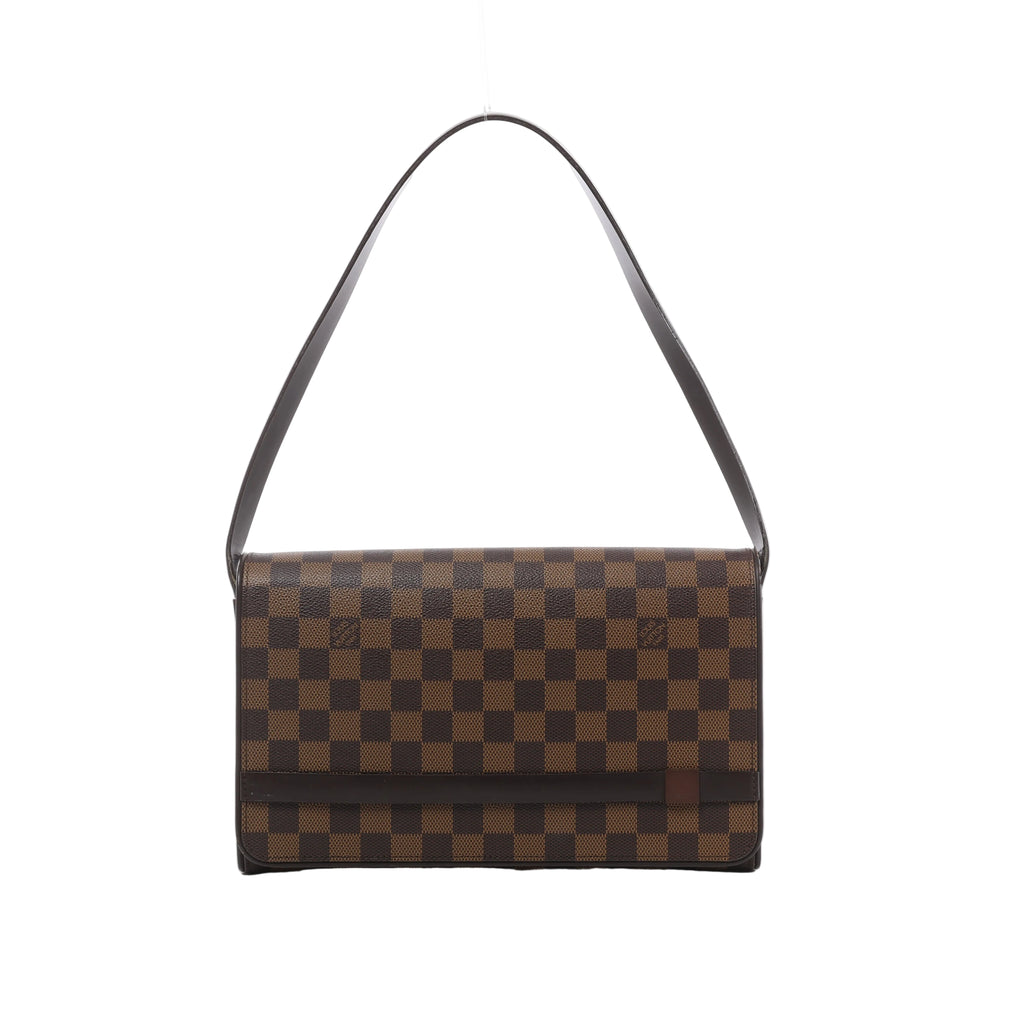 Brown Louis Vuitton Tribeca Long Damier Ebene shoulder bag with dark leather trim, long shoulder strap and rectangular flap front.