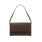 Brown Louis Vuitton Tribeca Long Damier Ebene shoulder bag with dark leather trim, long shoulder strap and rectangular flap front.