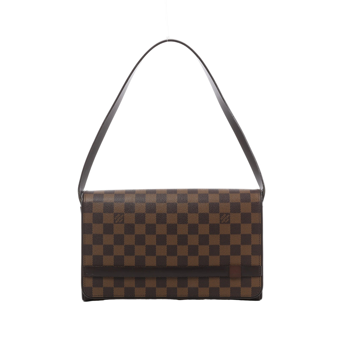 Brown Louis Vuitton Tribeca Long Damier Ebene shoulder bag with dark leather trim, long shoulder strap and rectangular flap front.